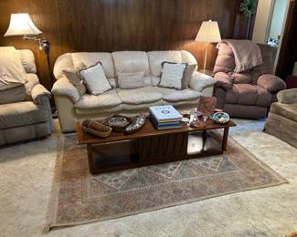Top Grain leather couch, MCM coffee table with storage, choice of floor lamps, rug,