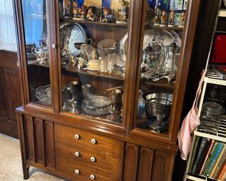 Beautiful MCM hutch, Hummel figurines, silver pieces