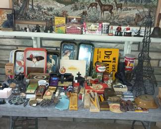 Old wooden boxes, metal wall hangers, signs, trays and other fun stuff