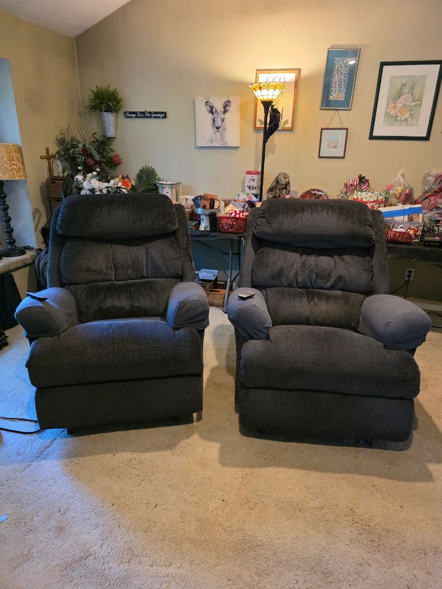 Two electric rocking Laz-y Boys 3 yrs old. Full disclosure,  built in controls on both chairs work but one wireless remote not working. 