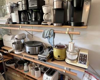 kitchen appliances including KitchenAid mixer, Cuisinart blender/coffee maker