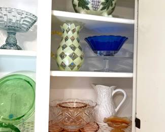 depression glass including Mosser cobalt blue glass bowl