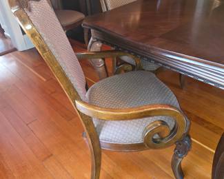  Bernhardt Embassy Row dining armchair features an ornate carved wood frame with a patterned upholstered back and scroll arms.