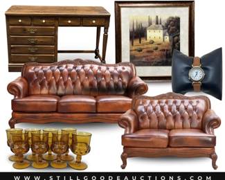 Stiffel lamp, Ralph Lauren, Towle, Hull Pottery, Murano glass, Seiko, vintage and antique books, Ethan Allen Furniture, planters, Claudius Chanel artwork, milk glass, antique crank style wall telephone, cast iron, balance scale, walkers and mobility aids, meat sliver, bird bath, costume jewelry, and more