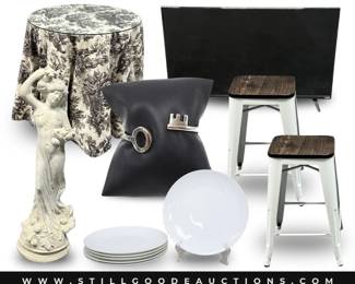 Keurig, peacock fireplace screen, Oreck vacuum cleaner, outdoor fountain, dolls, Fiesta, Dr Seuss, trampoline slide, Christopher Radko, French furniture, DVD collection, and more
