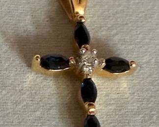 14K Gold and Marquise Sapphires and Center Diamond
