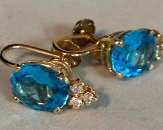 14k Gold and Blue Topaz and Diamond Earrings