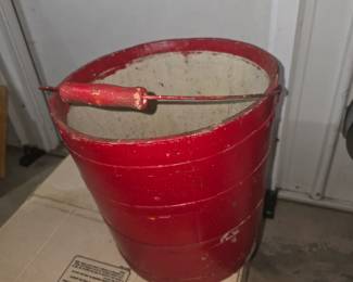 vintage red-painted wooden stave pail or bucket with a wire and wood handle primitive.