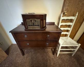 Wooden Dresser, vintage Style Radio, Ladder-Back chair