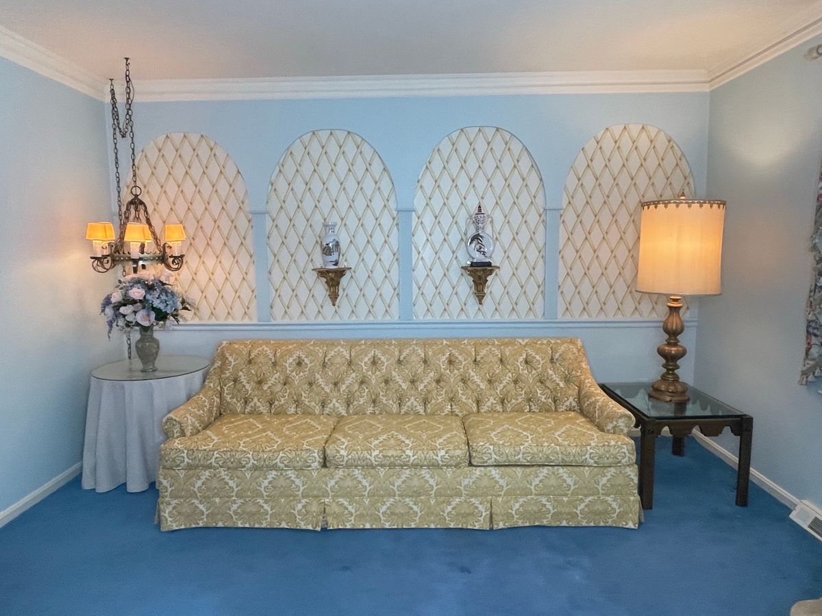 Vintage Damask Upholstered Sofa, Side Tables & Lantern 