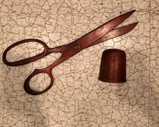 Vintage Hand-Forged Iron Scissors and Thimble