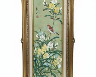 Vintage Chinese Watercolor Painting on Cork Paper with Bird and Floral Motif