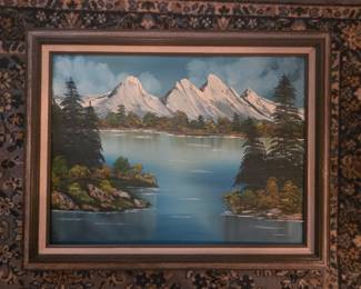 Bob Ross Style Mountain Lake Landscape Oil Painting