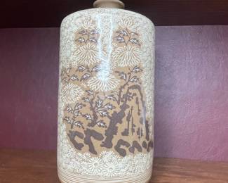 Vintage Japanese Stoneware Vase with Chrysanthemum and Landscape Motif