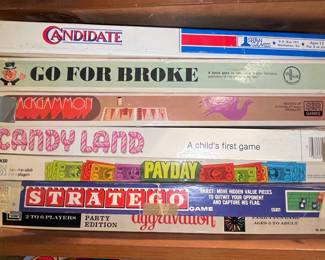 Vintage Board Game Collection - Candyland, Payday, Stratego, Go For Broke, Ack-Gammom, Candidate