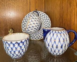 Lomonosov Porcelain Cobalt Net Pattern Tea Cup, Saucer, and Creamer Made in USSR