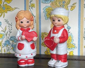 Vintage Ceramic Boy and Girl with Hearts Figurines