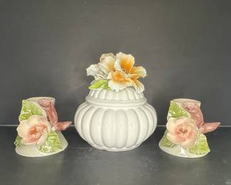B.E. Ceramiche Bassano Floral Lidded Jar and Candle Holders