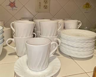 Corelle Coordinates Swirl White Stoneware Coffee Mugs and Saucers