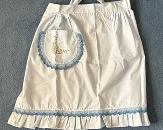 Vintage Blue Floral Embroidered Half Apron with Blue Lace Trim