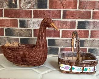 Woven Wicker Figural Duck Basket and Decorative Grape Motif Basket