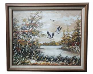 Vintage Impasto Oil Landscape Painting with Ducks