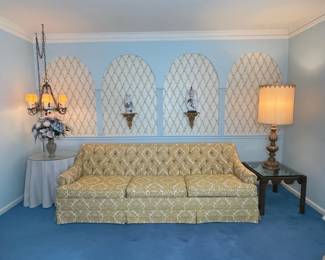 Vintage Damask Upholstered Sofa, Side Tables & Lantern