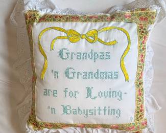 Hand-Embroidered "Grandpas 'n Grandmas" Cross-Stitch Pillow