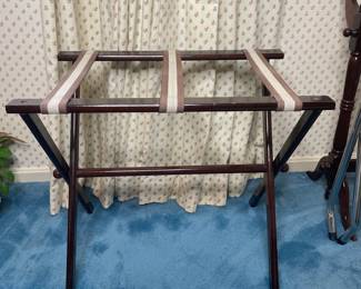 Vintage Wooden Luggage Rack with Striped Webbing