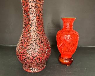 Pair of Vintage Chinese Carved Cinnabar Vases