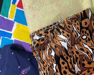 Assorted Vintage Fabric Remnants - Animal Print, Embroidered Sheer, Geometric, and Feather Motifs