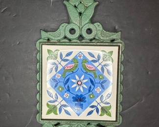 Vintage Cast Iron and Ceramic Tile Trivet with Birds