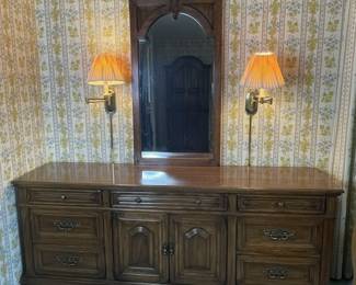 Drexel Heritage English Tudor Style Triple Dresser with Mirror