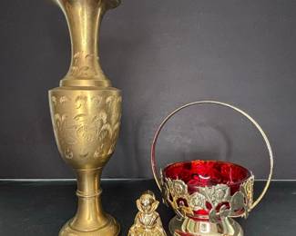 Vintage Brass Decorative Assortment: Etched Vase, Figural Bell, and Glass Insert Bowl