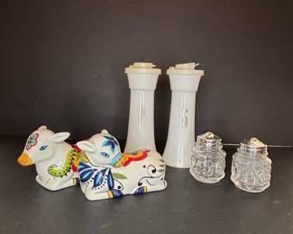 Assorted Salt and Pepper Shakers: Vtg Tupperware, Hand-Painted Calf Pair, and Pressed Glass Pair