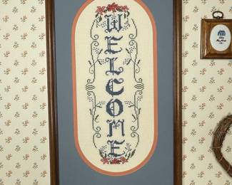 Framed "Welcome" Cross-Stitch Sampler with Floral Border
