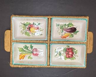 Italian Majolica Vegetable Serving Tray with Wicker Frame