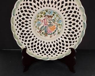 Vintage Hand Painted Faience Plate with Pierced Border and Folk Couple
