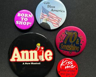 Novelty Pinback Buttons including Annie Musical Memorabilia