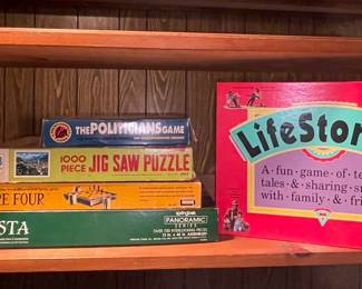 Vintage Board Games and Puzzles Collection - LifeStories, The Politicians Game, Score Four, and Swiss Vista Puzzle