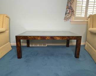 Vintage Burl Wood Veneer and Glass Milo Baughman Style Coffee Table