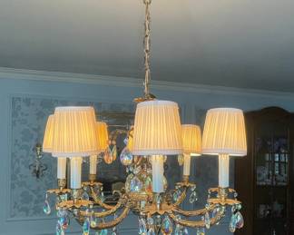 Baroque Revival Brass Chandelier with White Pleated Lampshades
