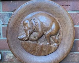 Hand-Carved Wooden Elephant Plaque