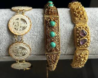 Vintage Bracelets: Mother-of-Pearl Chinese Character, Turquoise Filigree Bangle, and Amethyst Granulation Link