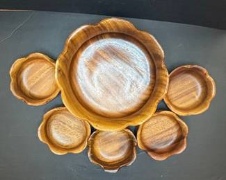 Vintage Monkey Pod Wood Flower Shaped Serving Bowls