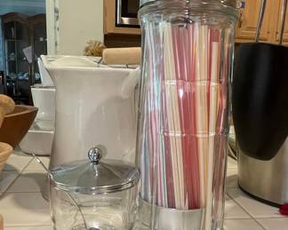Vintage Glass Straw Dispenser and Sugar Bowl Set