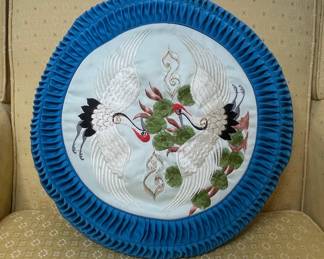 Vintage Chinese Crane Embroidered Round Pillow with Pleated Ruffle Border
