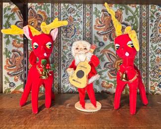 Vintage Mid-Century Christmas Figures - Red Flocked Reindeer and Santa with Guitar