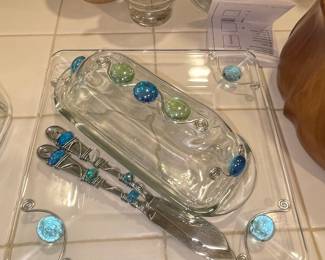 Artisan Wire-Wrapped Glass Butter Dish and Spreader Set with Blue and Green Beads