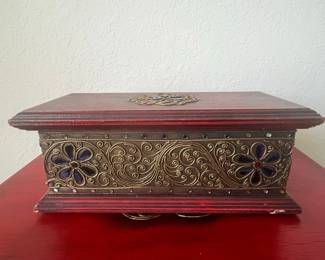 Vintage Indian Hand Carved Wooden Jewelry Box with Brass Filigree and Cabochons